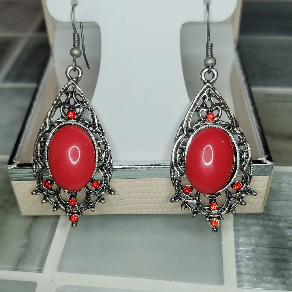 Elegant Silver and Red Dangle Earrings